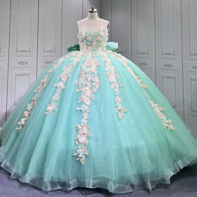 

Green Shiny Quinceanera Dresses Off The Shoulder Applique Flower Beading Bow Tull Party Birthday Sweet 16 Dress Vestidos 15 Anos