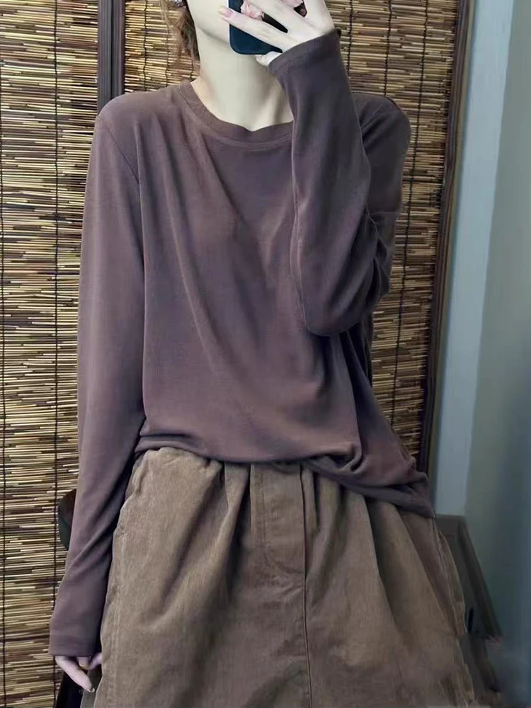 Spring 2026 Women's Elastic round Neck Long Sleeve T-Shirt Pure Color Base Layer Shirt Stylish Versatile Casual Wear