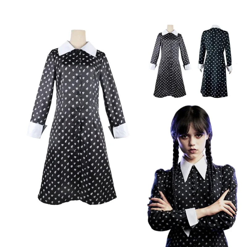 Halloween Kids Wednesday Cosplay Costume Woman Girl Addams Morticia Cosplay Dress Outfits Vintage Black Gothic Printing Clothes