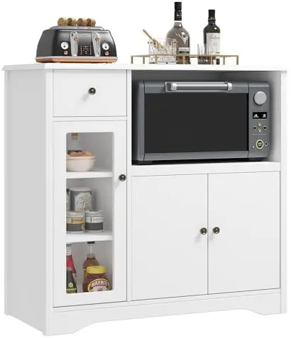 Microwave Cabinet, Kitchen Storage Cabinet with 3 Doors and 1 Drawer, Buffet Sideboard with Adjustable Shelves