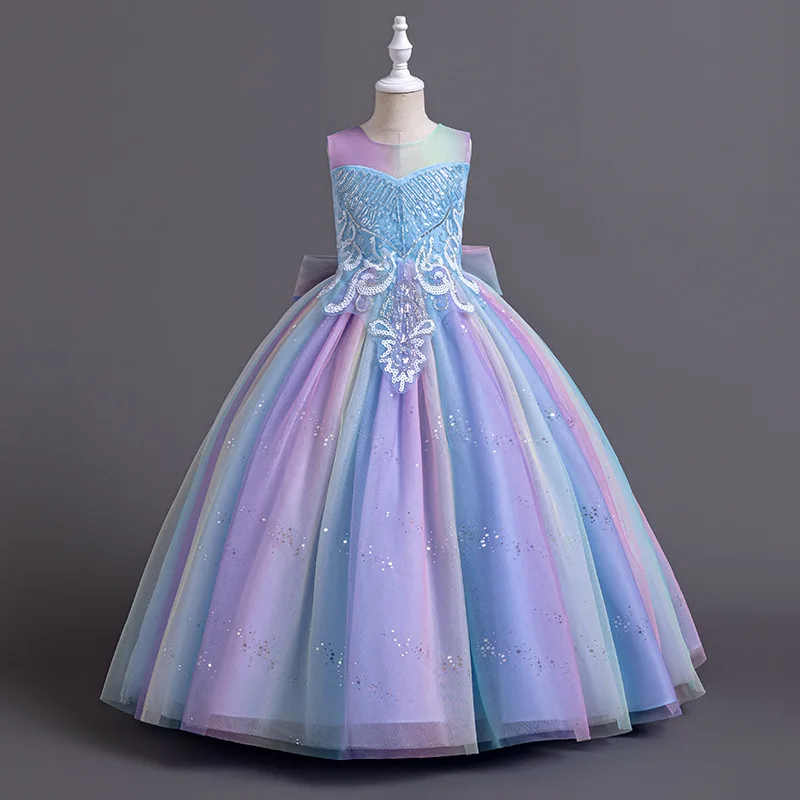 Jupe de princesse à sequins pour filles de 3 à 10 ans, longue robe en maille colorée, littérature à la mode, costume de performance d'anniversaire de carnaval