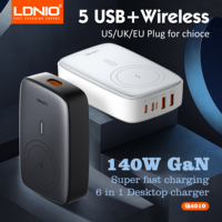 LDNIO 140W 6 in 1 Wireless Charger GaN 65W USB C Charger PD QC USB A Fast Charging Station 6 in 1 Desktop charger Extension cord