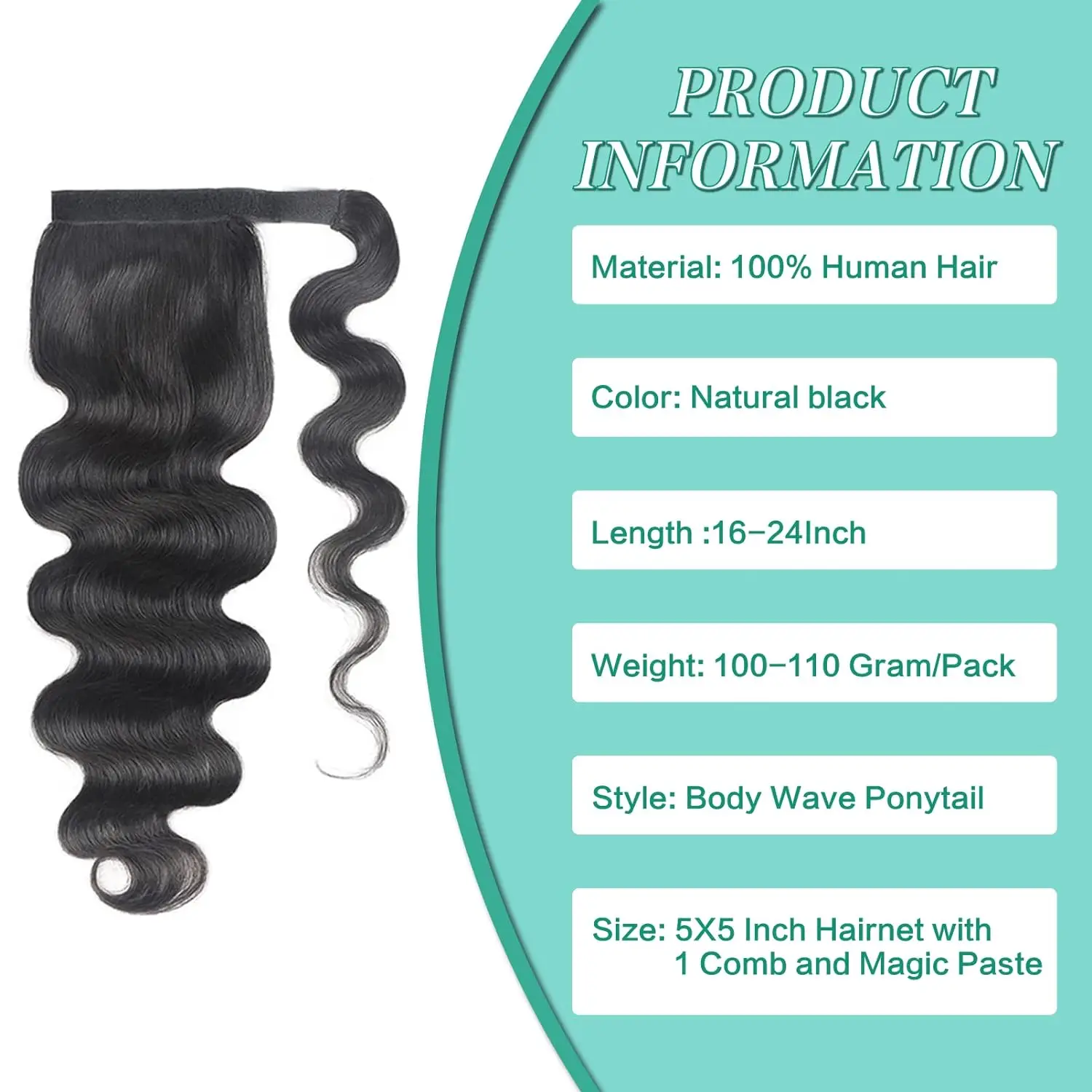 Hair Extensions clip in Natural Black Body Wave Real Human Hair Ponytail Extension Wrap Long Wavy Pony Tail for Women