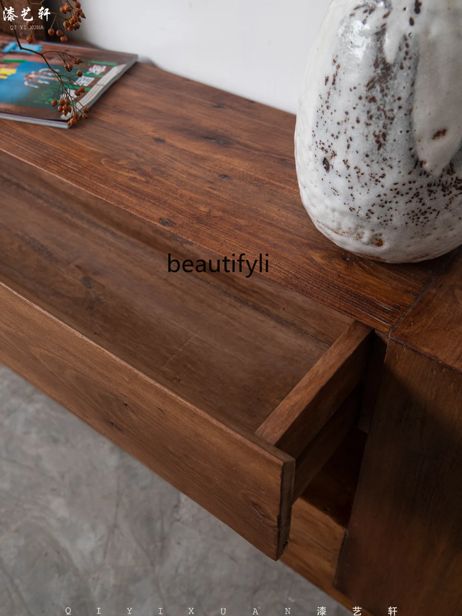 Qiji نمط خزانة تلفزيون من الخشب الصلب بسيطة قديمة أرضية خشبية غرفة المعيشة خزانة تلفزيون الرجعية خزانة المدخل #4