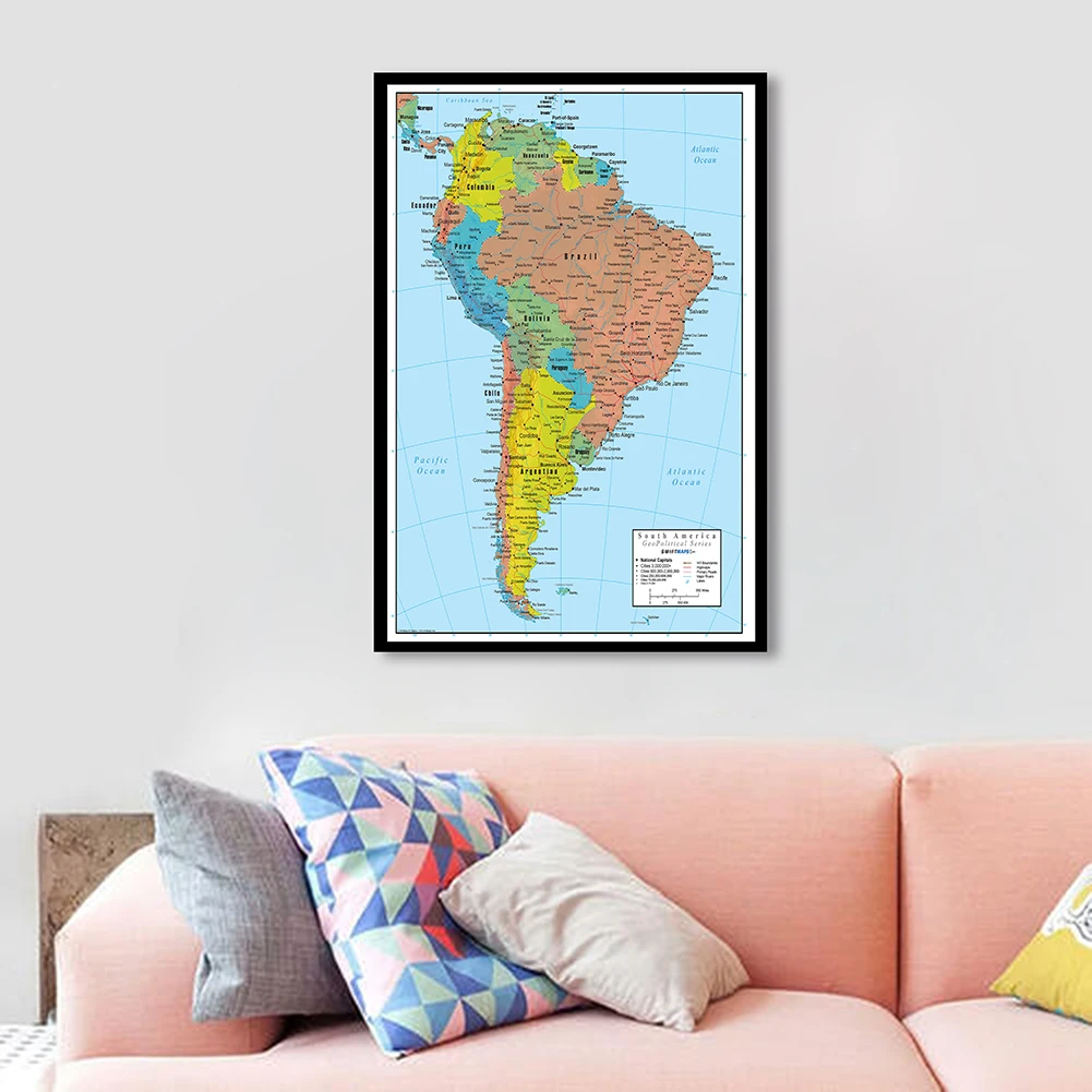 Póster de arte de pared con mapa de América del Sur, pintura en lienzo en aerosol, suministros escolares de viaje, sala de estar, decoración del