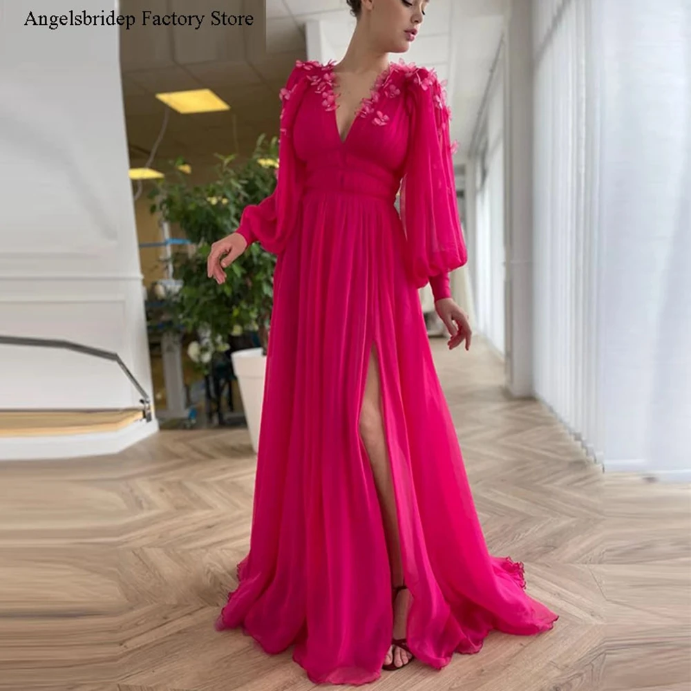 

Angelsbridep 2 STORE Long Puff Sleeves V Neck Hot Pink Chiffon Prom Dresses Slit A Line Evening Gowns With 3 D Butterfly Flowers