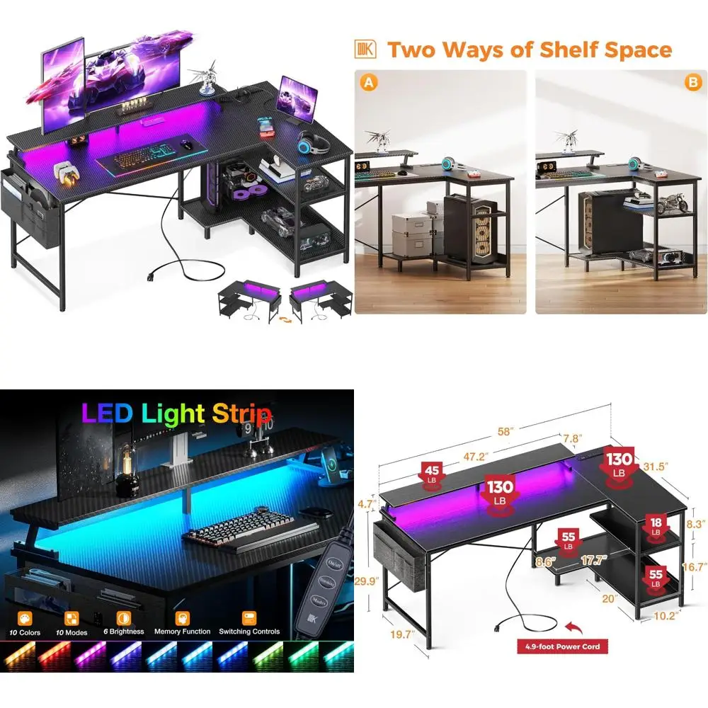 

L-Shaped 58 Gaming Desk with USB Ports, LED Lights, Storage Shelves, and Monitor Stand