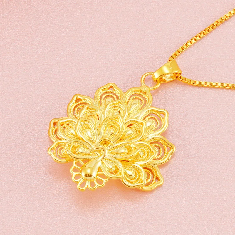 

Timeless Ornithic Grace! 24K AU999 Gold Filigree Peacock Flower Pendant, Delicate Metal Lace Mimicking Feather Texture