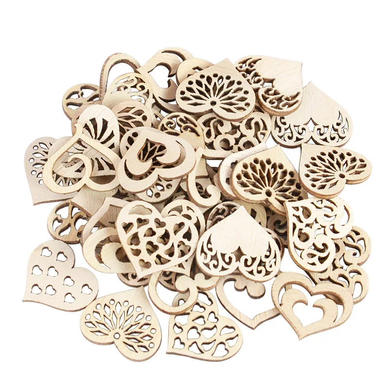 50/100pcs Hollowed Heart Pattern Small Natural Wooden Slice Scrapbooking Embellishments DIY Craft Heart Shape Love Wood Chip