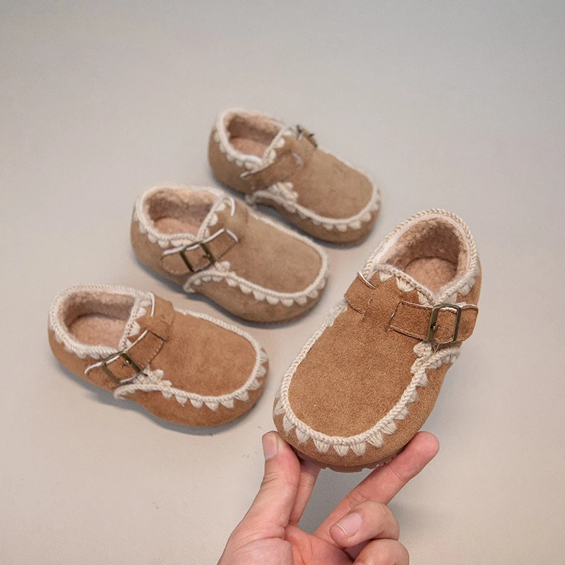 Retro Style Leather Shoes for Boys Girls 2025 Winter Toddler Plush Lining Walking Shoes Soft Sole Comfort Chic School Loafers