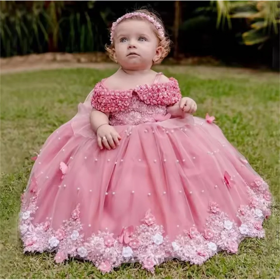 2025 Baby Kleider aus Schulter Perlen Spitze Schmetterlinge Blumen mädchen Kleid Kleinkind erste Geburtstags feier Kleid