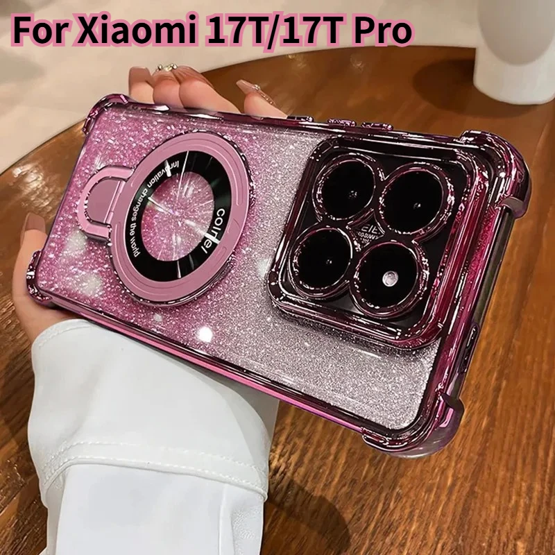 Glitzer-Galvanik-Silikonhülle mit Ständer für Xiaomi 17T Pro Redmi 15 15C Note 15 Pro Plus Airbag & Objektivschutz Stoßfeste Abdeckung