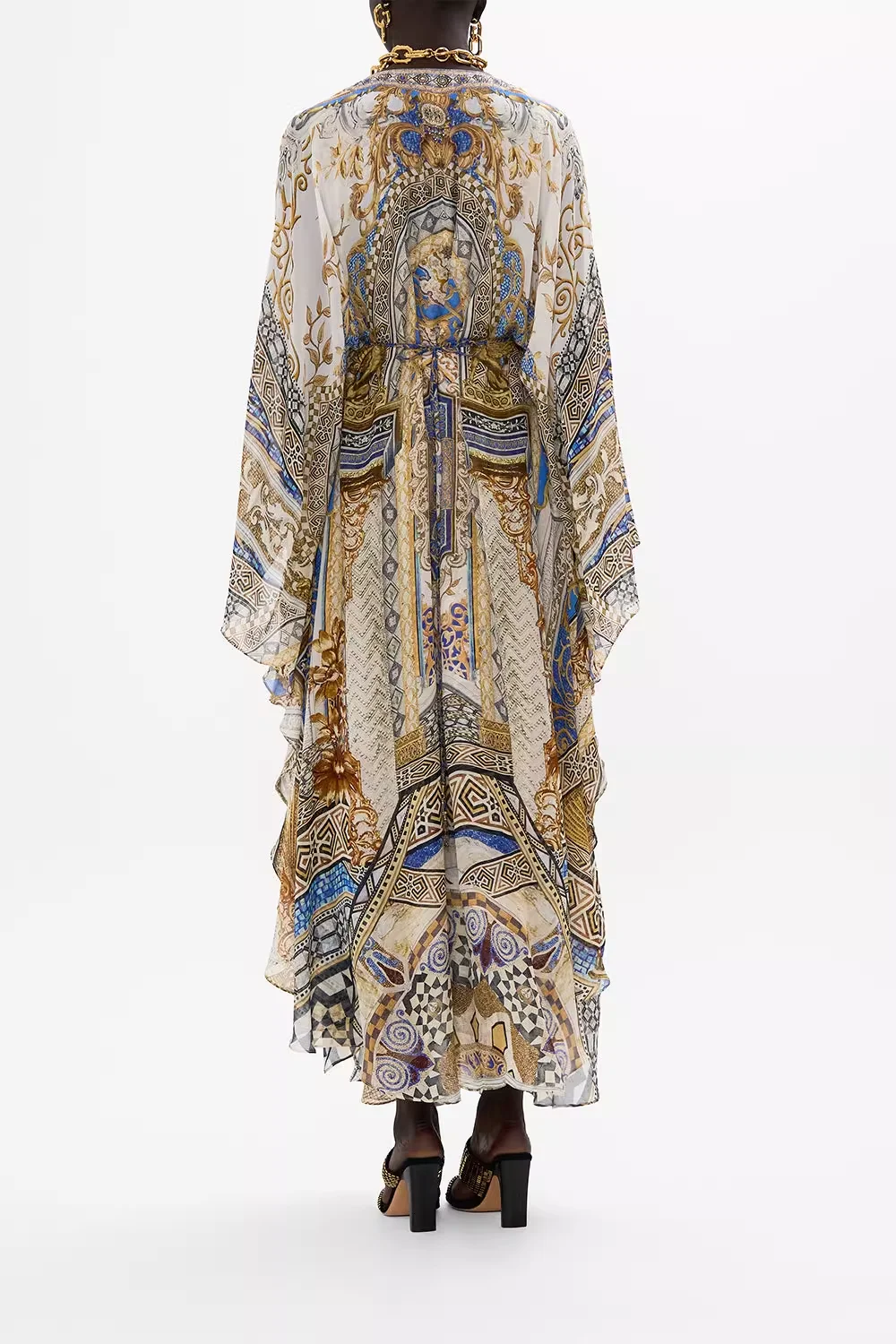 

2025 New Women 100% Silk Maxi Dress Retro Print V-Neck Long Sleeve High Waist Elegant Female Robe