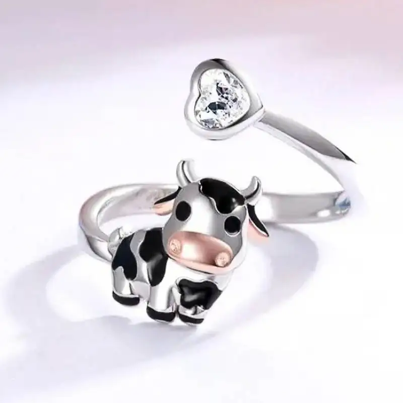 Huitan Kuhförmiger Damen-Öffnungsring, frischer Stil, silberfarben, eingelegt, glänzendes Herz, CZ, niedliche Accessoires, Schmuck für Party und Alltag