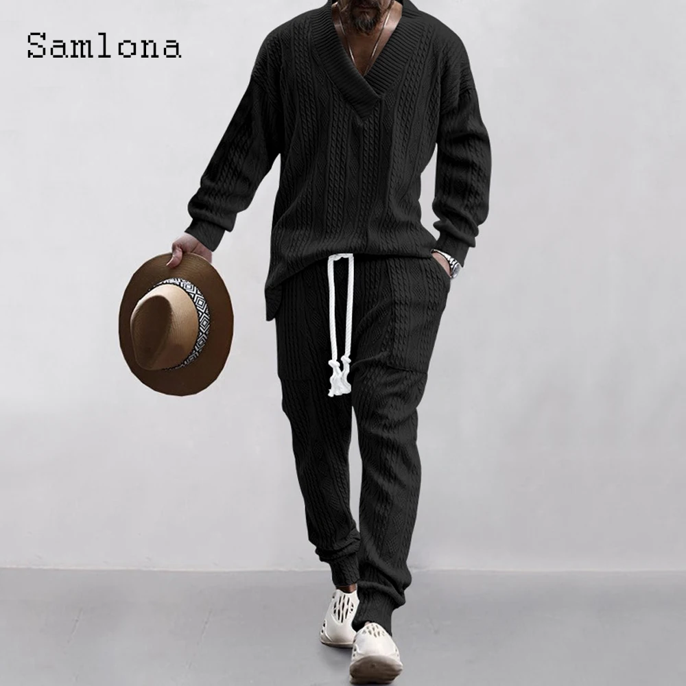 Mens Casual Knitting Two Piece Sets 2023 New Winter Fashion Irregular Top Sweater and Solid White Sweatpants Male Tracksuits Set