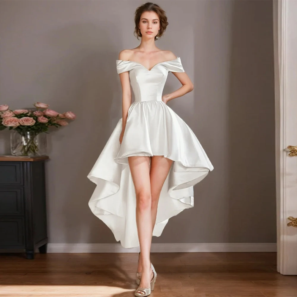 

Dreamy Civil Wedding Dresses Satin A-line 2025 Bride Gowns for Women White Off-the-shoulder Ruffles Pleat Ruched Hi-Lo Dress