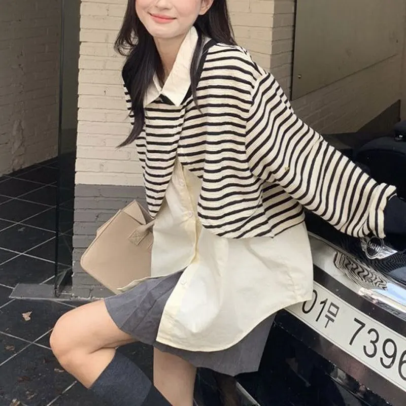 Striped Patchwork Loose Pullovers Female Clothing Fake Two Pieces Polo-Neck Spring Autumn Button Long Sleeve Korean Sweatshirts