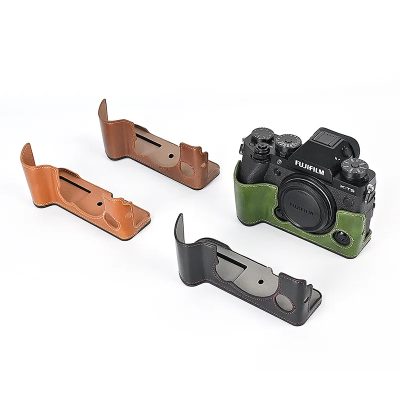 Oil Skin Camera Bag PU Leather Case Half Body Base for Fujifilm X-T5 Fuji XT5 Protective Opening Bottom Cover with Wrist Strap