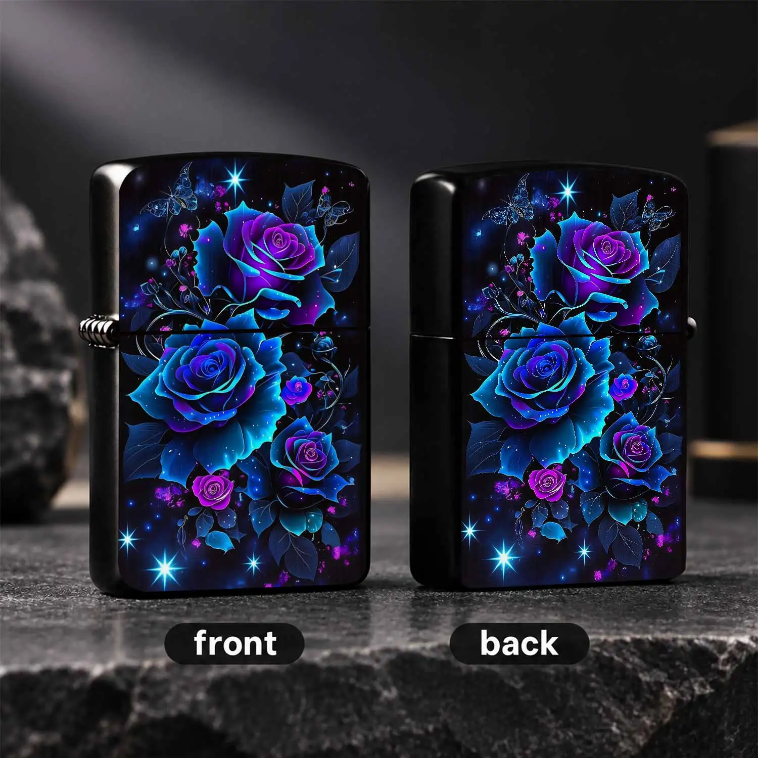 Dreamy Fluorescent Blue Purple Rose Lighter Romantic StarlightPortable Igniter Full Scenario Suitable Exquisite Artistic Sense Practical Present for Daily Holiday Anniversary Gifting A Humorous And Interesting Lighter