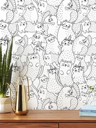 Cute Cat Sketch Line Vinyl Wallpaper Retro Peel And Stick Animal Wall Mural White Waterproof Kid Room Wall Decoration