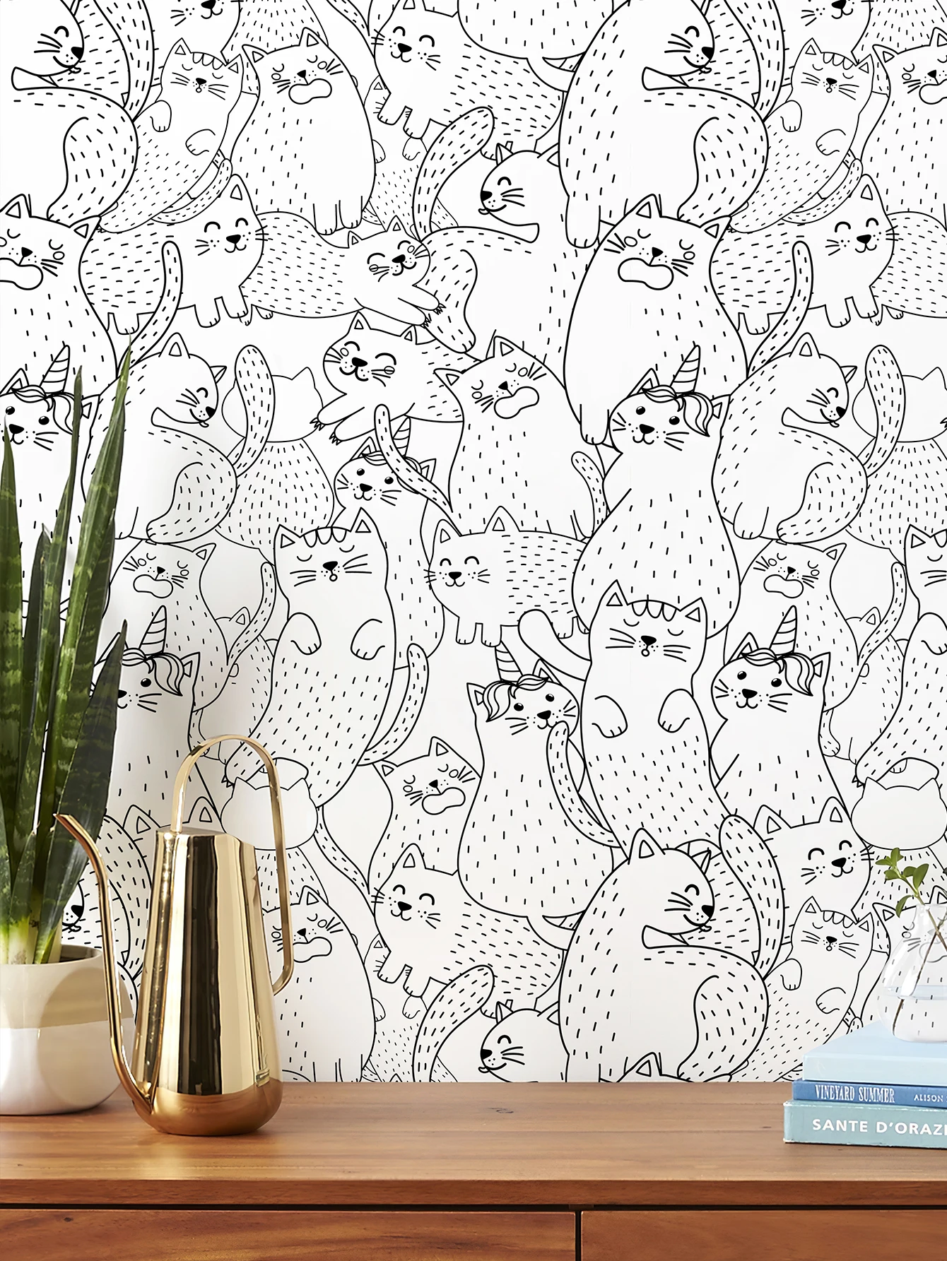 Cute Cat Sketch Line Vinyl Wallpaper Retro Peel And Stick Animal Wall Mural White Waterproof Kid Room Wall Decoration