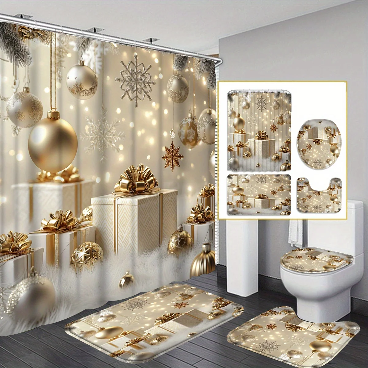4PCS Christmas Golden Gift Box Shower Set – Winter Multicolor Print 12 Hooks Non-Slip Mat U-Seat Cover Holiday Decor