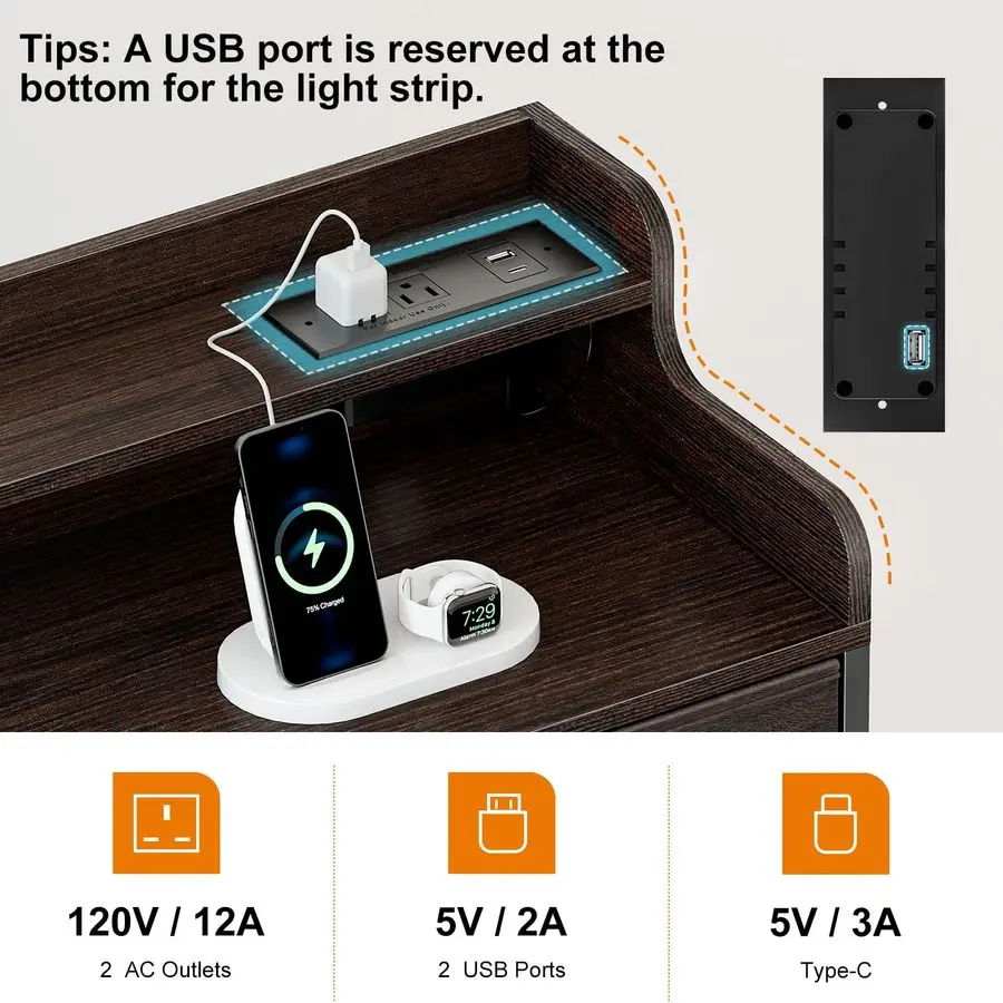 Cómoda para dormitorio con estación de carga y luces LED, mueble para TV con 6 cajones y tapa de madera, cómoda alta de tela