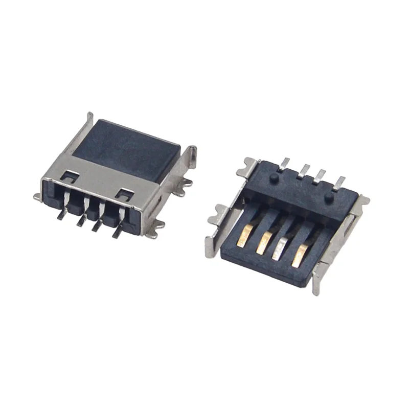 10PCS Ultra Thin 4.6mm Height USB-A Female Connector, Semi-Cover 4-Pin SMT Mount, Simple Shell, Black Nylon Crimp Type Standoffs