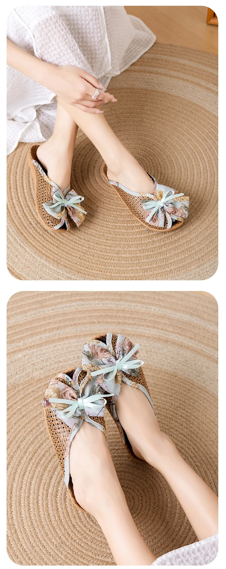 Rattan-Hausschuhe mit Fliege – niedliche Hausschuhe im koreanischen Stil, rutschfeste, atmungsaktive Innensandalen mit weicher Sohle für den Sommer – Detail 11