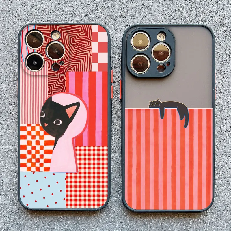 Artistic Black Cat Striped Pattern Phone Case For iPhone 15 
