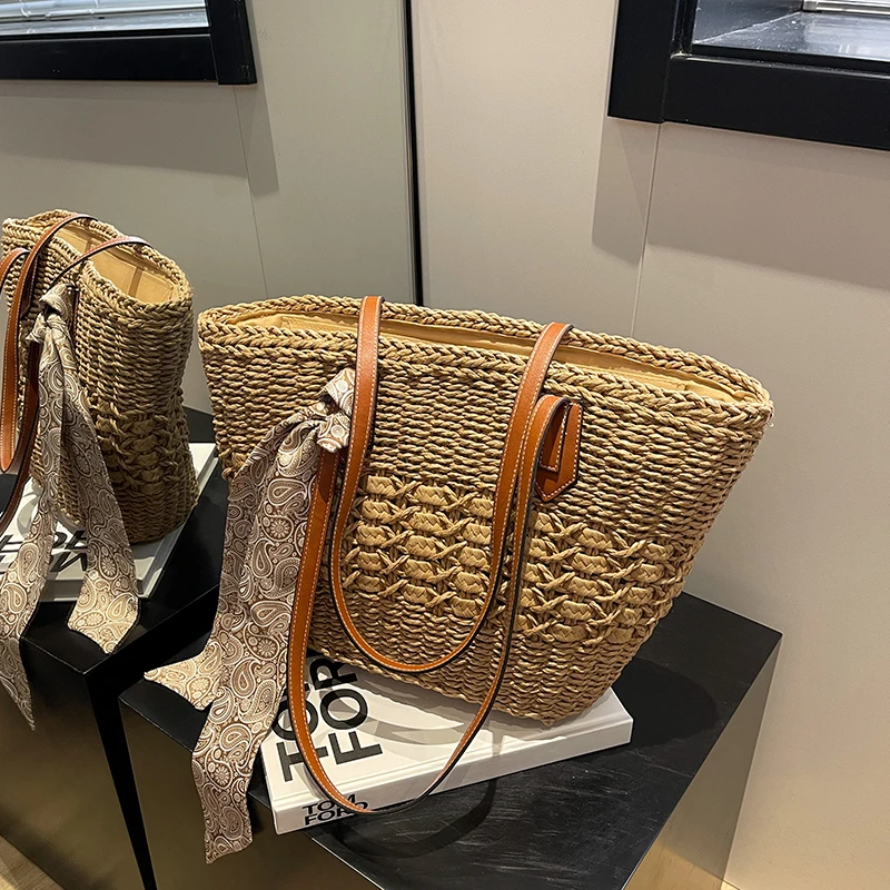 Large Capacity Straw Bag 2023 Summer Hand-woven Tote Bag  Shoulder Beach Bag Bohemian Style Women's Handbag Shopping Basket