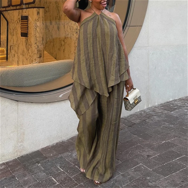 

Pant Set Women Two Piece Sets Halter Sleeveless Casual Loose Irregular Tops Wide Leg Long Pants High Waist Y2k Streetwear 2026