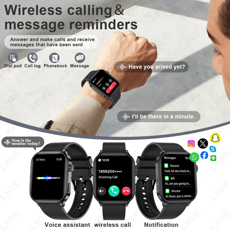 LIGE ساعة ذكية 2.01 بوصة HD شاشة كبيرة شحن مغناطيسي مكالمة لاسلكية تحكم بالموسيقى 123 + وضع رياضي ساعات ذكية للرجال جديد