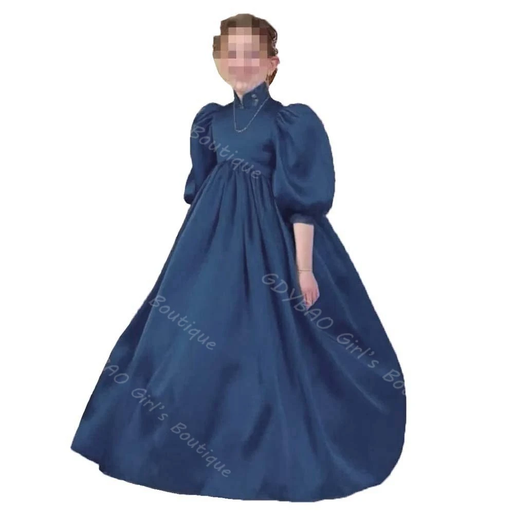 رشيقة الساتان فستان التواصل الأول للأطفال الأميرة عالية الخصر بالون كم زهرة فتاة فستان مخصص حفل زفاف الكرة ثوب