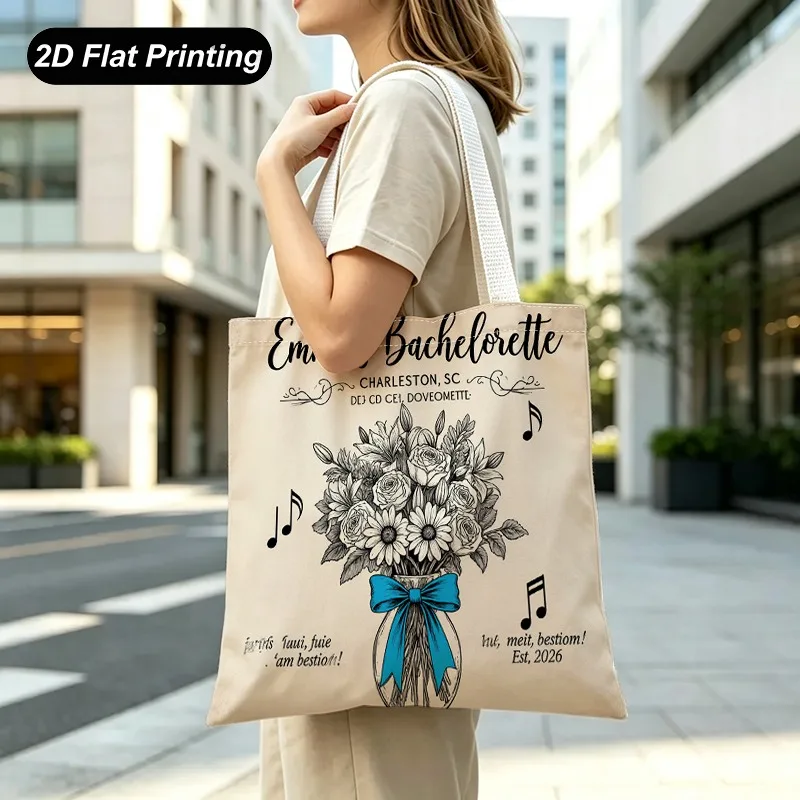2DFlat Effect New Large-capacity Tote Bag，Vintage-style Black Line Drawing Bouquet With Blue Bow And Musical Note P