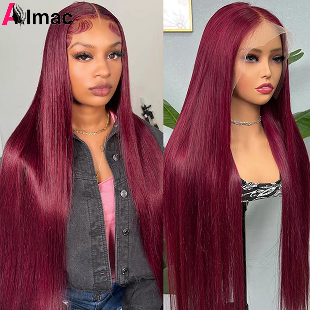 4x4 Lace Wig Burgundy Colored 13x4 Transparent Lace Front Human Hair Wigs For Women Pre-Pucked 4x4 Closure Wig Almac