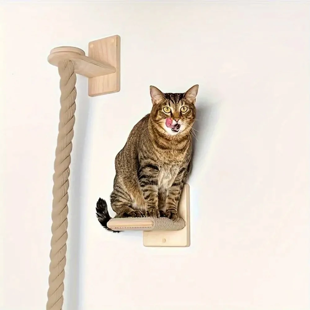 1 Piece Wall-mounted Cat Climbing Rope Solid Wooden Pedals And  Sisal Rope Kitten Training Claw Grinding Indoor Cat Furniture