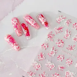 Acrylic Engraved Nail Sticker Pink Flowers White Line Self-Adhesive Nail Transfer Sliders Wraps Manicures Foils Z0662