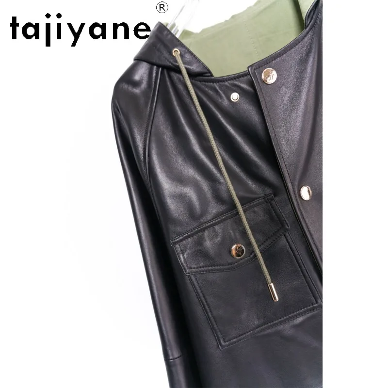 TAJIYANE Black Hooded Genuine Leather Jacket Woman Sheepskin Leather Coat Mid Length Jackets for Woman Outerwear Streetwear 가죽자켓