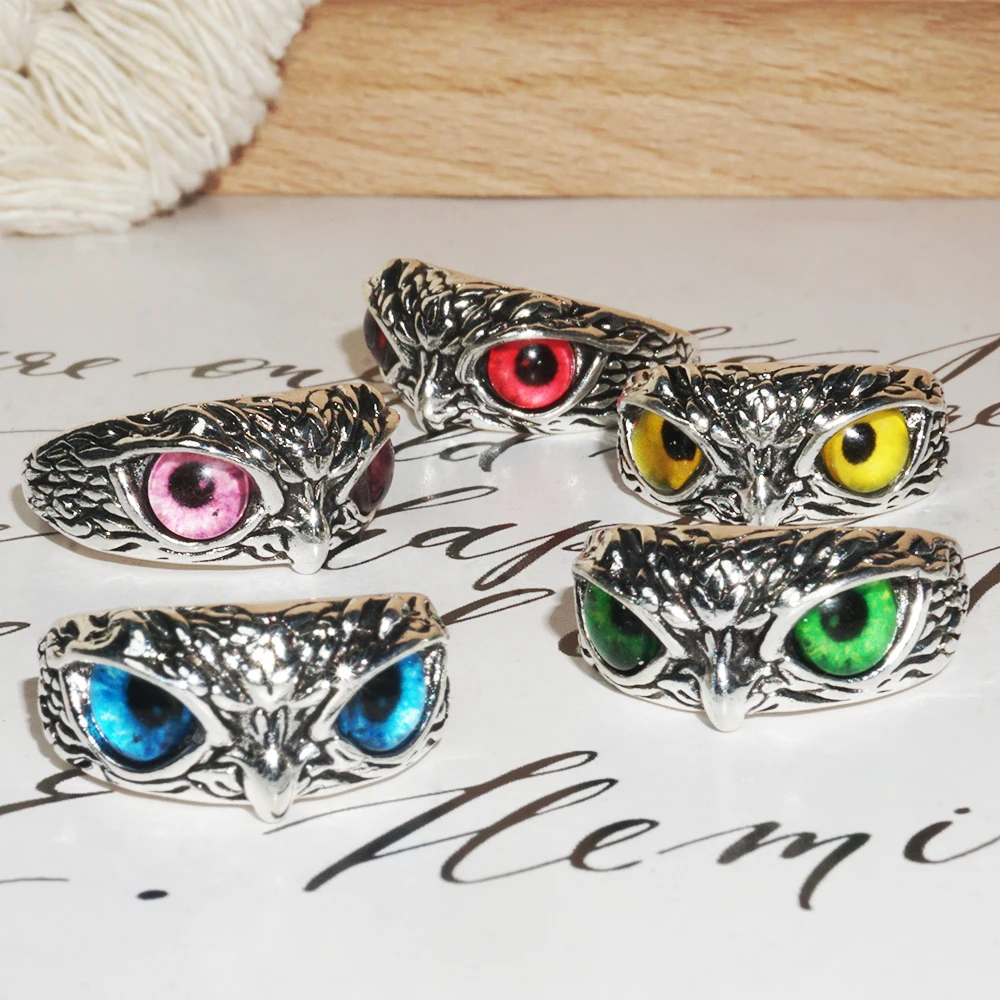 10color Charming Fashion Design Owl Rings Multicolor Eyes Silvery for Women Men Punk Gothic Open Adjustable Ring Party Jewelry