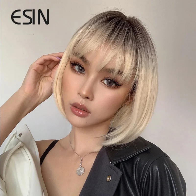 ESIN Synthetic Medium Long Straight Hair with The Top Black Ombre to White Blonde Bob Wigs for Women Heat Resistant  Natural