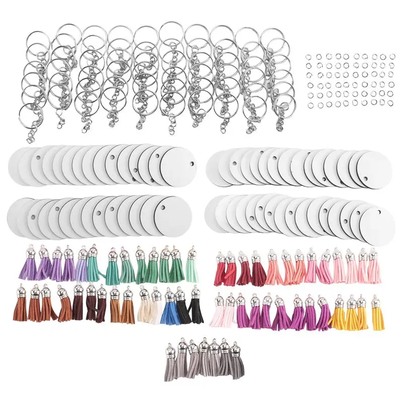AA38M 240 Pieces Sublimation Blanks Keychain Set Round Key Rings Sublimation Ornament Blanks Heat Transfer Keychain Tassels