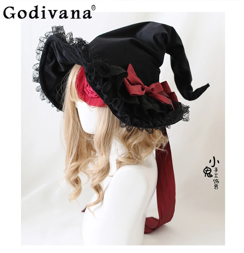 

Japanese Original Lolita Dark Lolita Bow Velvet Lace Halloween Witch Hat Cosplay Comic Exhibition Headwear