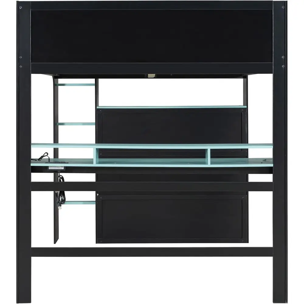 Large Wood Bunk Bed with Adjustable Desk, Wardrobe, Storage, RGB Light - Cloud Blue view 4