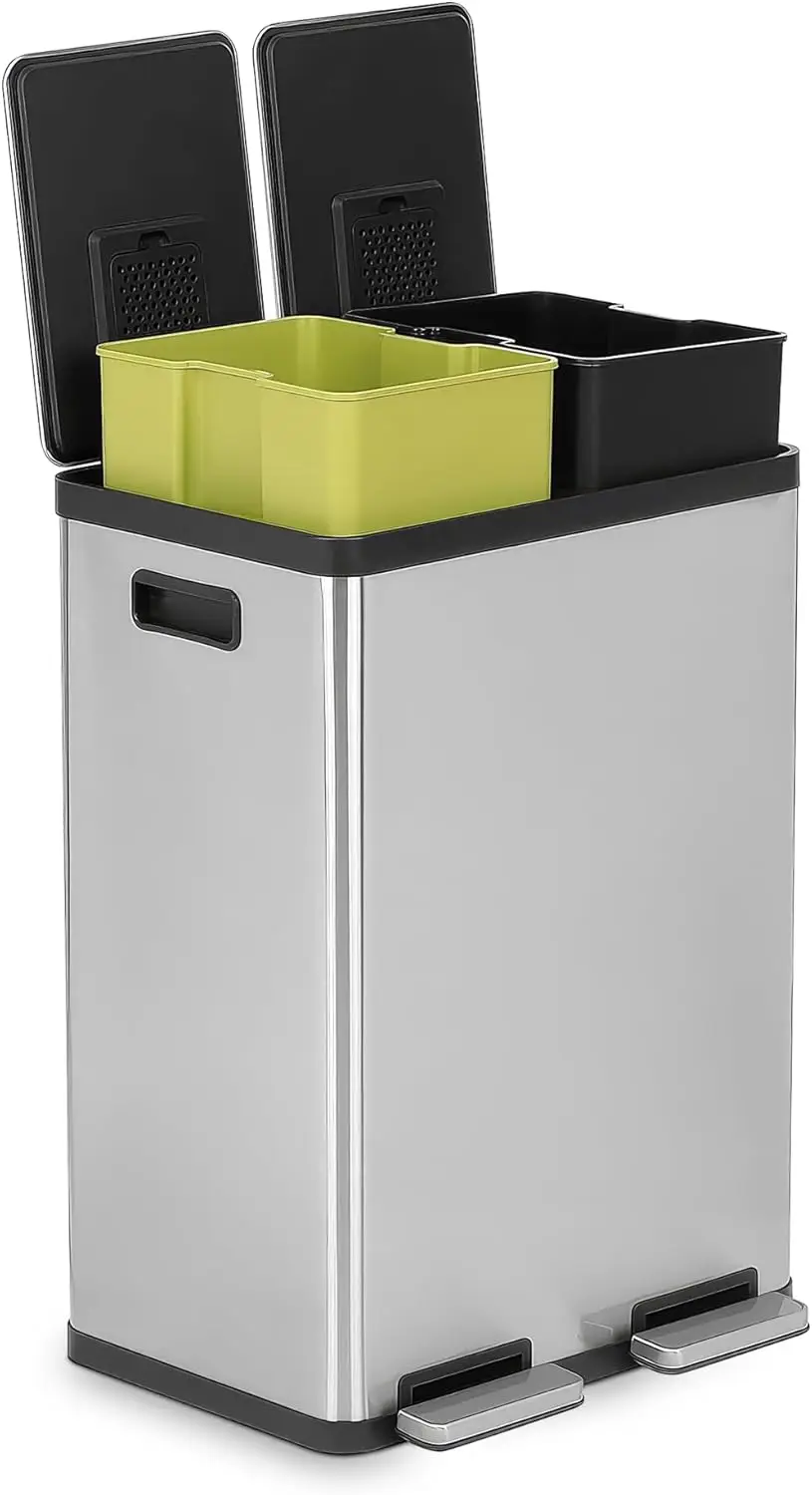 

60L Dual Compartment Step Trash Can with Soft-Close Lid, Brushed Stainless Steel for Kitchen Recycling