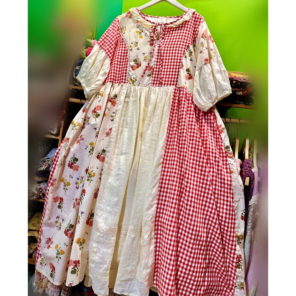 

Female Vintage Patchwork Cotton Linen Plain Floral Sweet Midi Dress Retro Chic Cottagecore Mori Girl Lolita Evening Long Dress