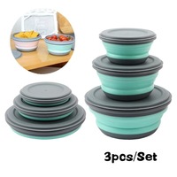 Portable Folding Lunch Box Bowl Sets Silicone 3Pcs/Set Food Container Outdoor Camping Tableware Set Foldable Salad Bowl with Lid
