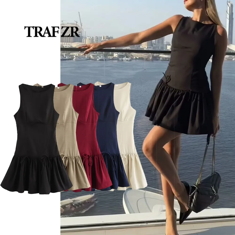 TRAF ZR Elegant Women's Fahion Dresses with Bows Curvy Ladies O-Neck Sleeveless Short Dress with Balloon Hem Sexy Summer Outfit