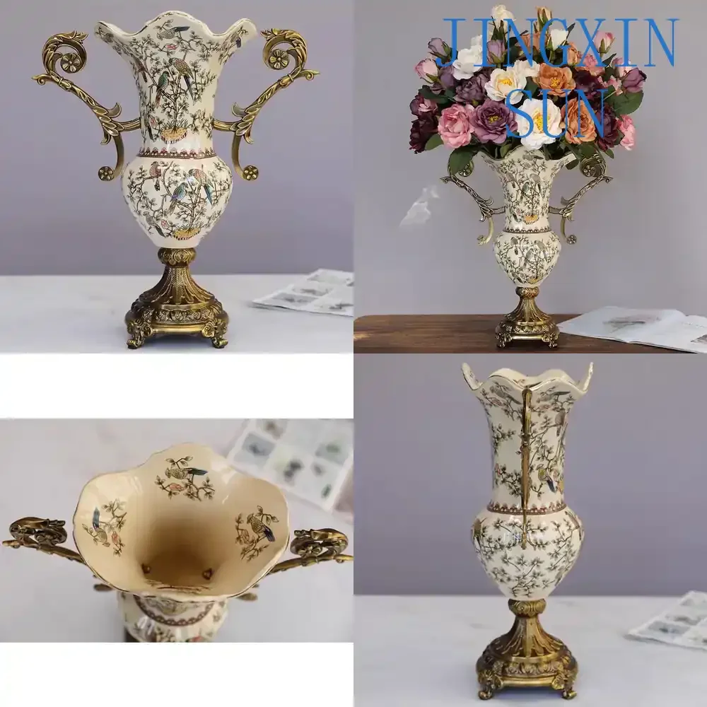 Tall Vase for Villa Model Room Decoration European American New Chinese Style Living Room Entrance Alloy Ceramic Binaural