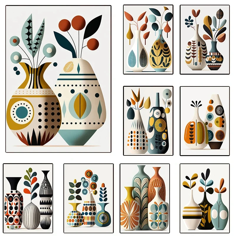 Mid Century Modern Scandi Style Vases Posters and Prints Canvas Printing Wall Art Picture for Dining Room Home Decora Gifts